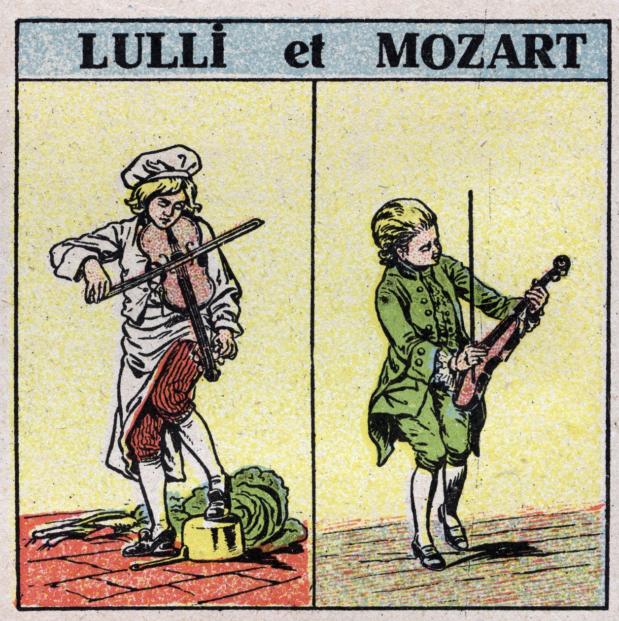 Musikinstrument: gnidade stränginstrument. Jean Baptiste Lully (Giovanni Battista Lulli) (1632-1687) och Wolfang Amadeus Mozart (1756-1791) spelar fiol. Anonym illustration från 1925. Privat samling. av Anonymous Anonymous