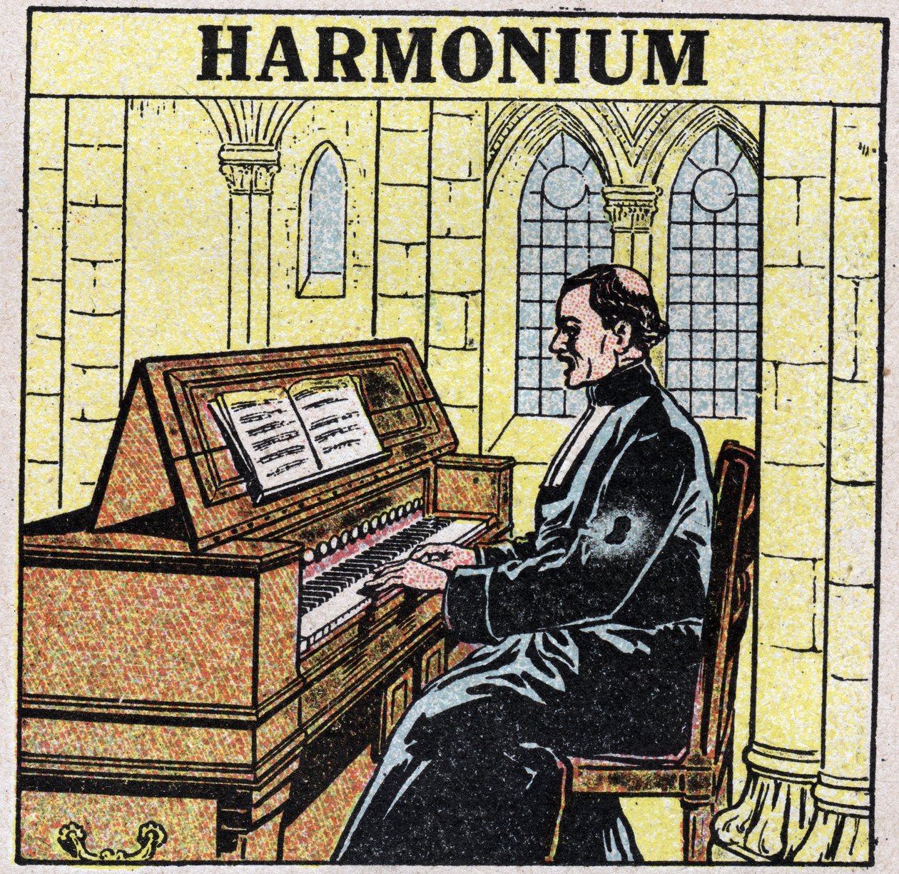 Musikinstrument: blåsinstrument vid höften. Harmoniumspelare i en kyrka. Anonym illustration från 1925. Privat samling. av Anonymous Anonymous