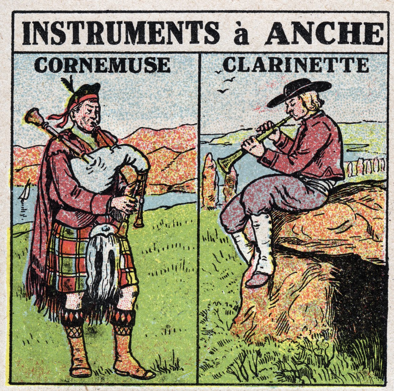 Musikinstrument: blåsinstrument vid höften. Pip- och klarinettspelare. Anonym illustration från 1925. Privat samling. av Anonymous Anonymous