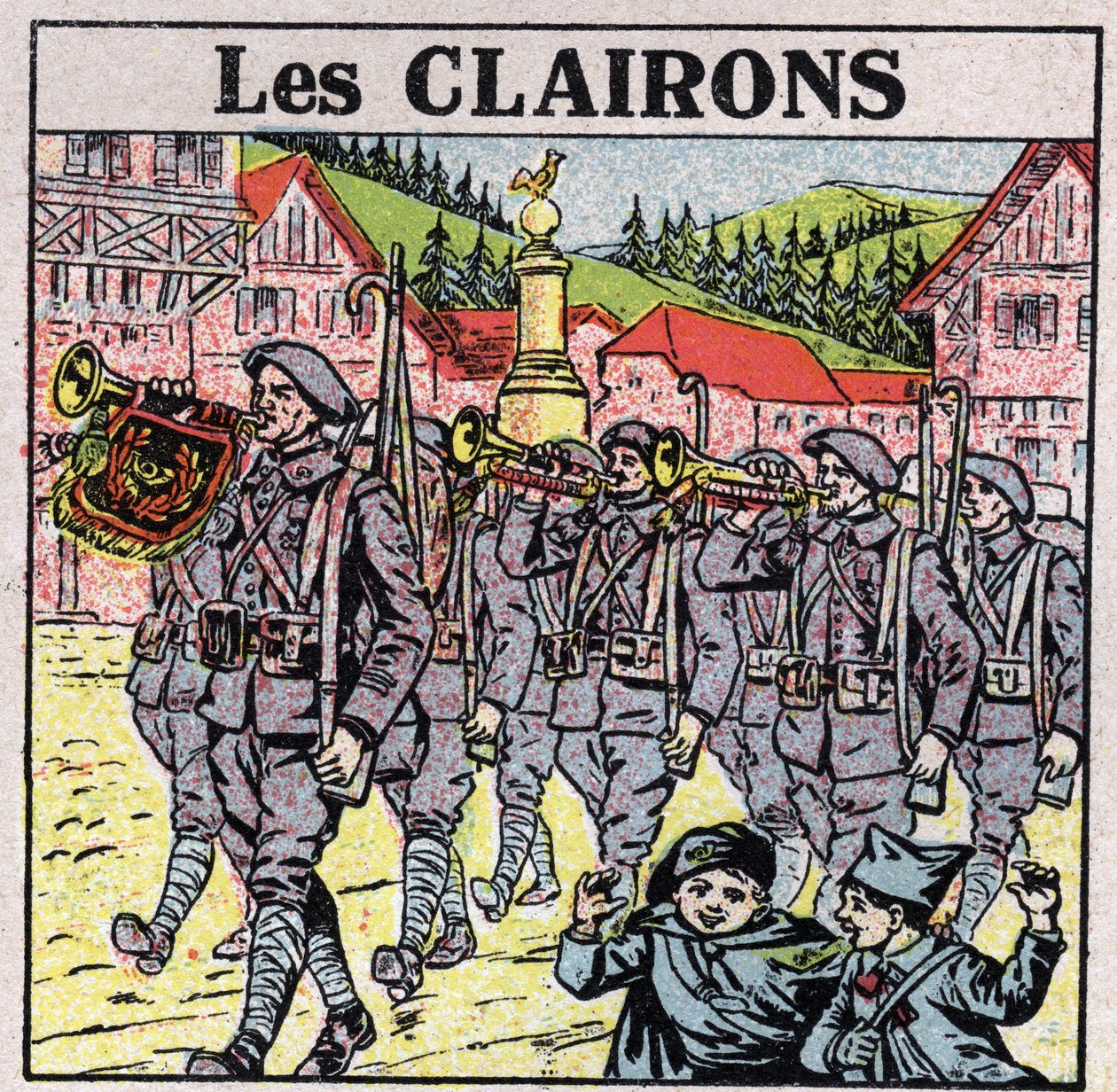 Musikinstrument: blåsinstrument med burkmun. Bugle spelare under en militär körning. Anonym illustration från 1925. Privat samling. av Anonymous Anonymous