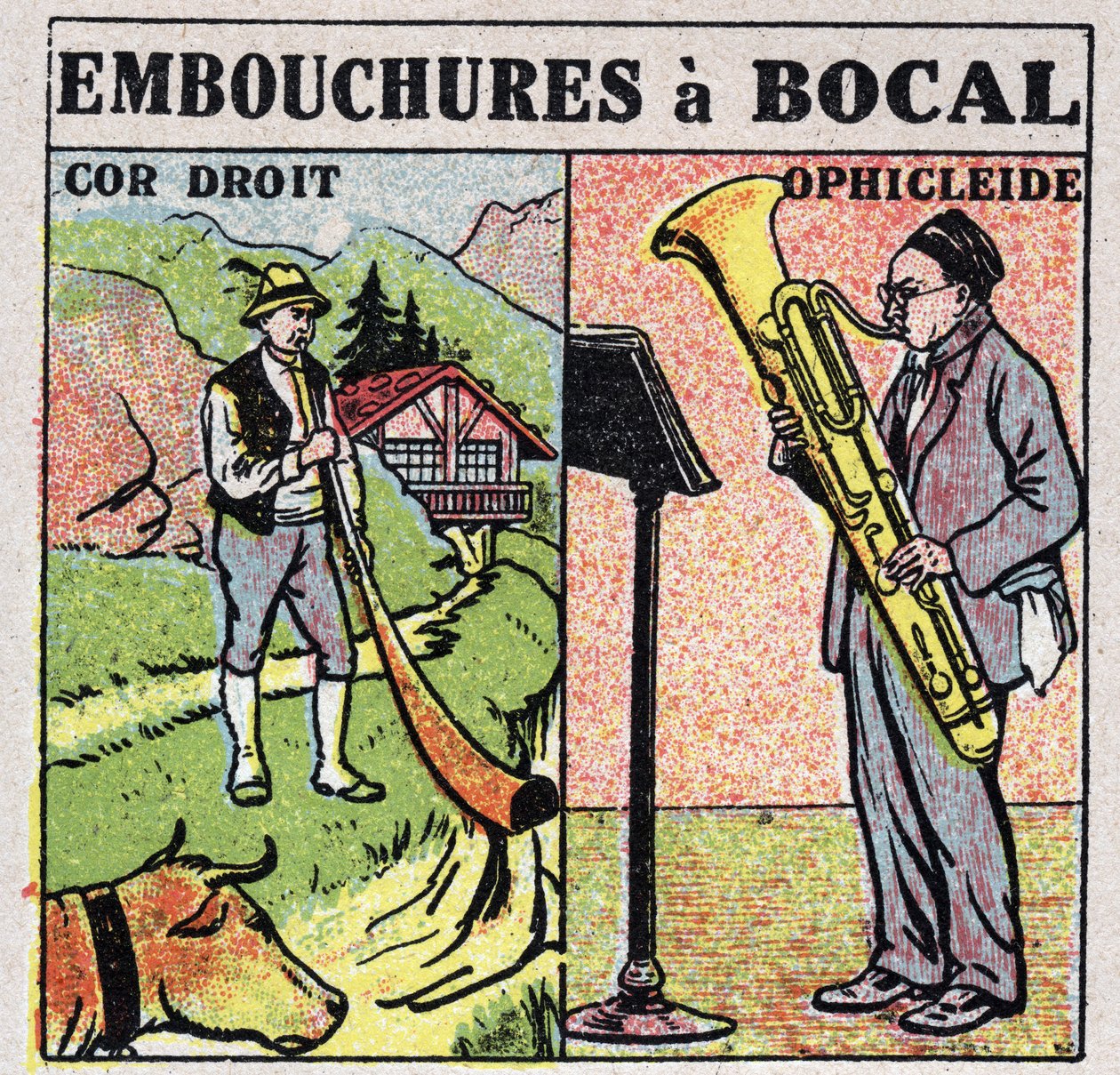 Musikinstrument: blåsinstrument med burkmun. Rak horn och ophicleide spelare. Anonym illustration från 1925. Privat samling. av Anonymous Anonymous