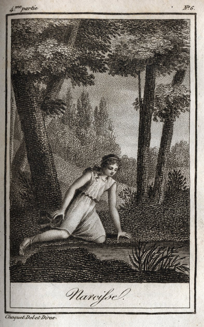 Narcisse överväger sin reflektion (Narciso) Gravyr från 1819 i "Lettres a Emilie sur la mythologie"" av Charles Albert Demoustier (1760-1801). Privat samling. av Anonymous Anonymous
