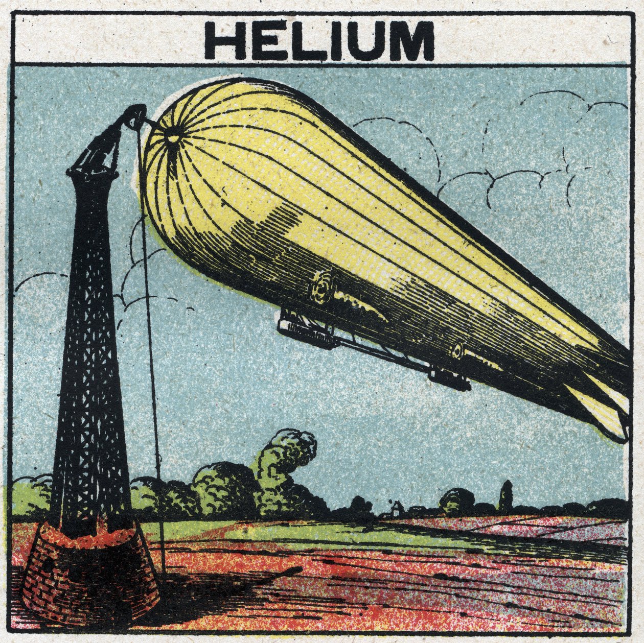 Nya gasegenskaper: Zeppelin blåses upp med helium. Anonym illustration från 1925. Privat samling. av Anonymous Anonymous