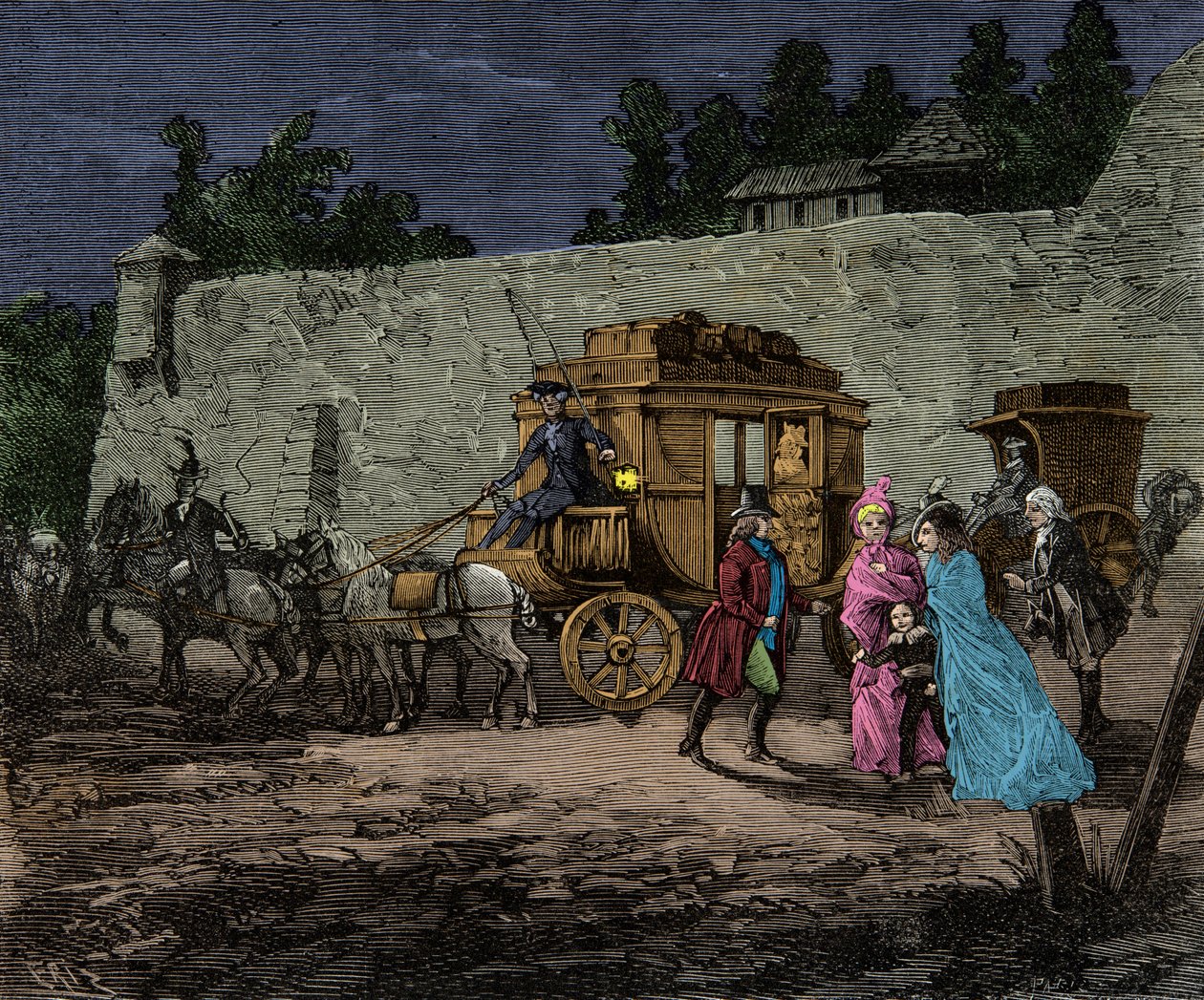 Kungafamiljens nattflyg till Varennes 1791, Gravyr, Privat samling av Anonymous Anonymous