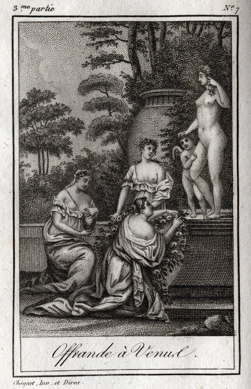 Erbjudande till Venus. Små kärlekar (angelots) samlas för att hylla gudinnan Afrodite. Gravyr från 1819 i "Lettres a Emilie sur la mythologie" av Charles Albert Demoustier (1760-1801). Privat samling. av Anonymous Anonymous