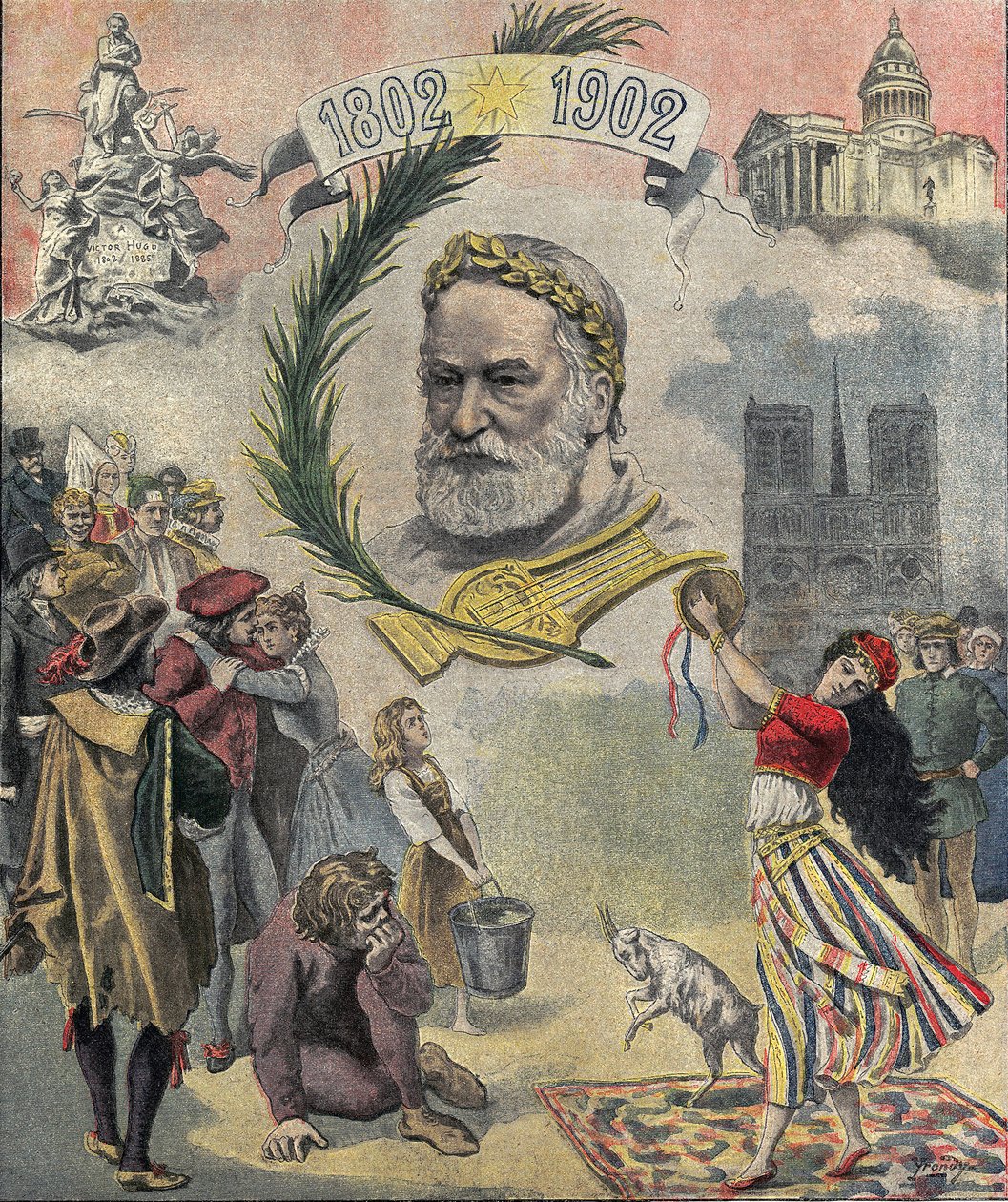 En av "Le petit journal"" som hyllar den franske poeten och författaren Victor Hugo (1802-1885) på hundraårsdagen av hans födelse. Karaktärerna i hans romaner är representerade (Esmeralda, Quasimodo, Cosette). 1902-03-02 Privat samling av Anonymous Anonymous