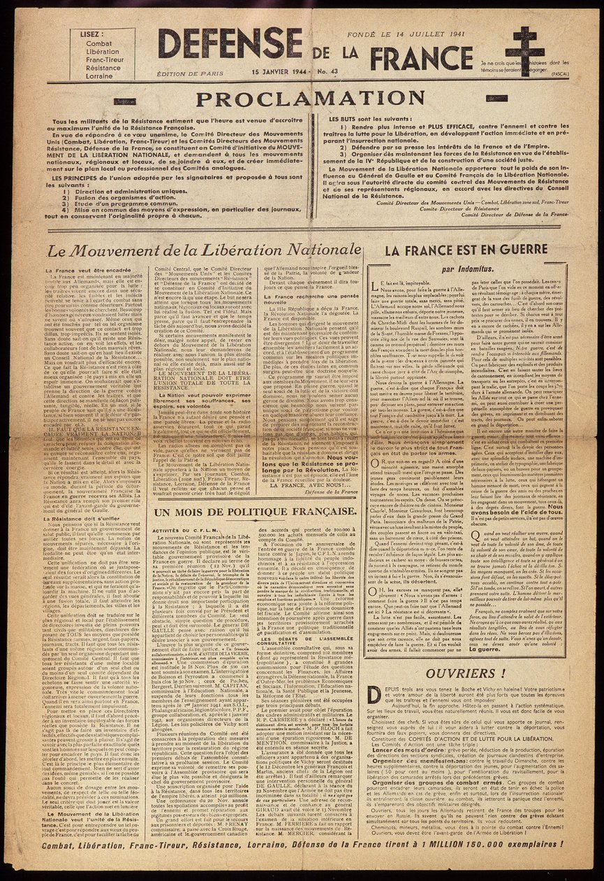 En av de hemliga tidningarna "" Défense de France"" av 15/01/1944 av Anonymous Anonymous