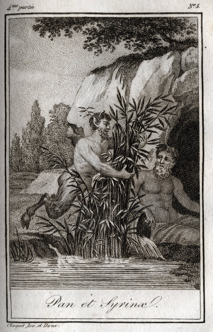 Pan och nymfen Syrinx förvandlades till vass (Pan och Nymph Syrinx). Gravyr från 1819 i "Lettres a Emilie sur la mythologie" av Charles Albert Demoustier (1760-1801). Privat samling. av Anonymous Anonymous