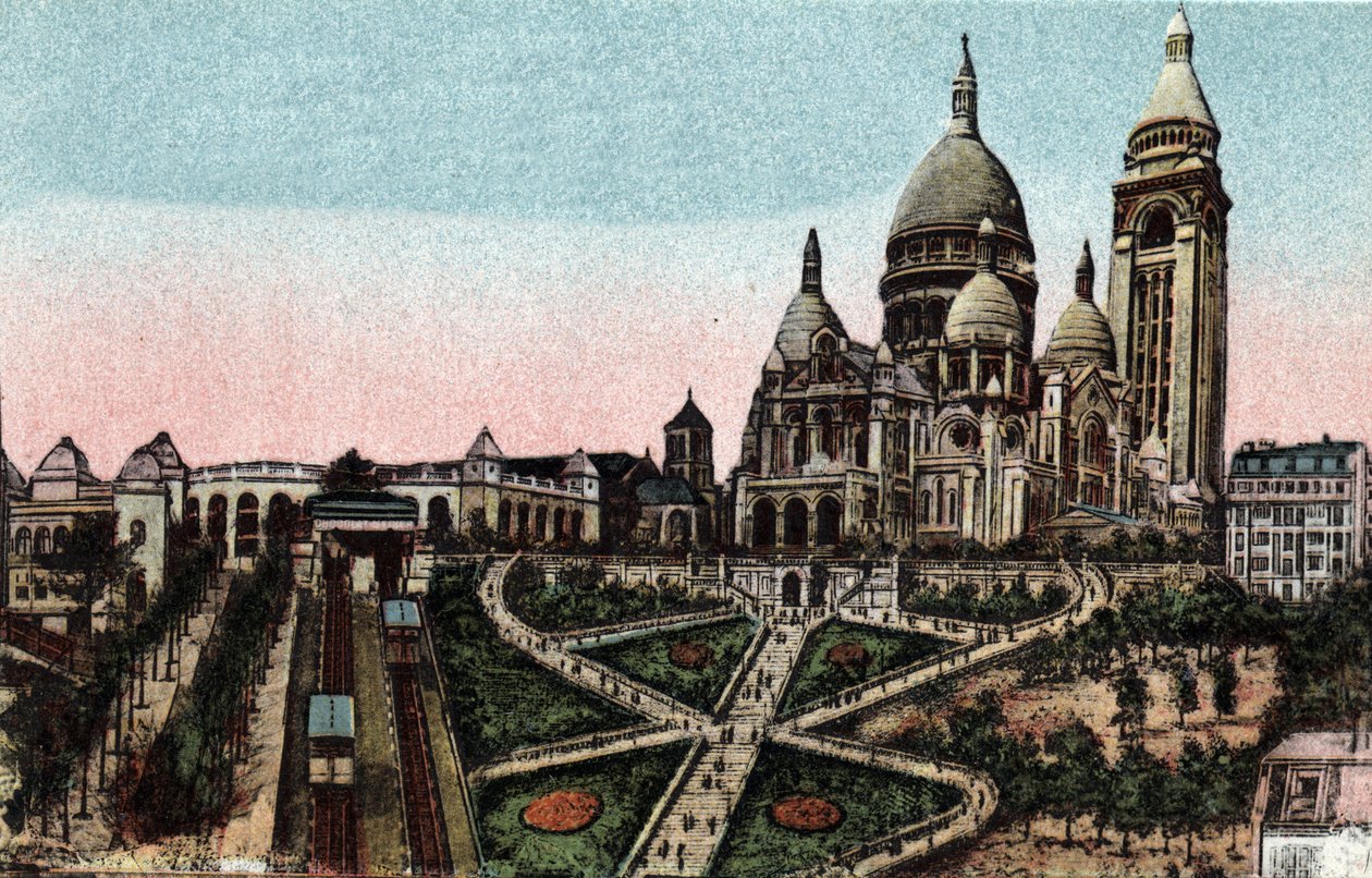Paris: bergbana och basilikan Sacre Coeur (Sacre-Coeur) på Butte Montmartre. Fotografi från 1920 i "" Artistic Album"" av staden Paris. Privat samling. av Anonymous Anonymous