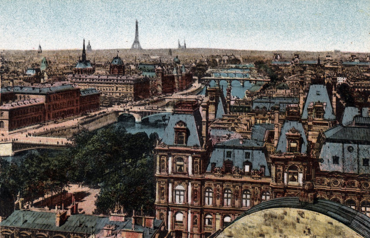 Paris: panorama över Huits-broarna på Seine med Eiffeltornet i bakgrunden. Fotografi från 1920 i "" Artistic Album"" av staden Paris. Privat samling. av Anonymous Anonymous