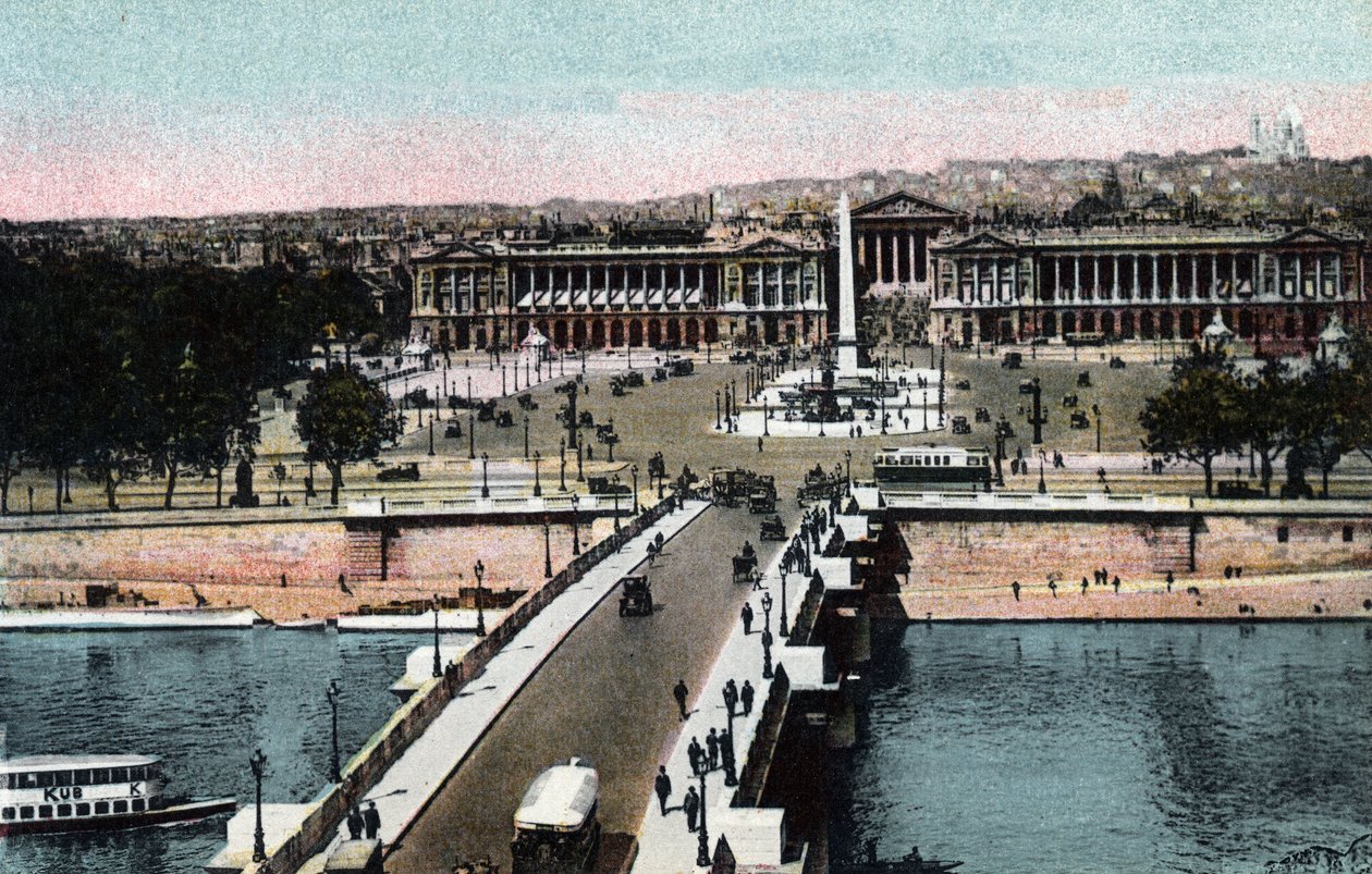 Paris: panoramautsikt över bron och Place de la Concorde med obelisken och kyrkan Madeleine som tagits till basilikan Sacre Coeur (Sacre-Coeur) i Montmartre. Till vänster, nuvarande Hotel Crillon och till höger, Hotel de la Marine av Anonymous Anonymous