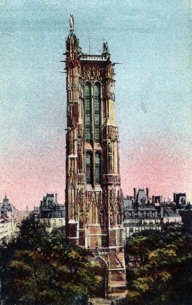 Paris: Saint Jacques Tower (Saint-Jacques) byggdes 1523. Fotografi från 1920 i "" Artistic Album"" av staden Paris. Privat samling. av Anonymous Anonymous