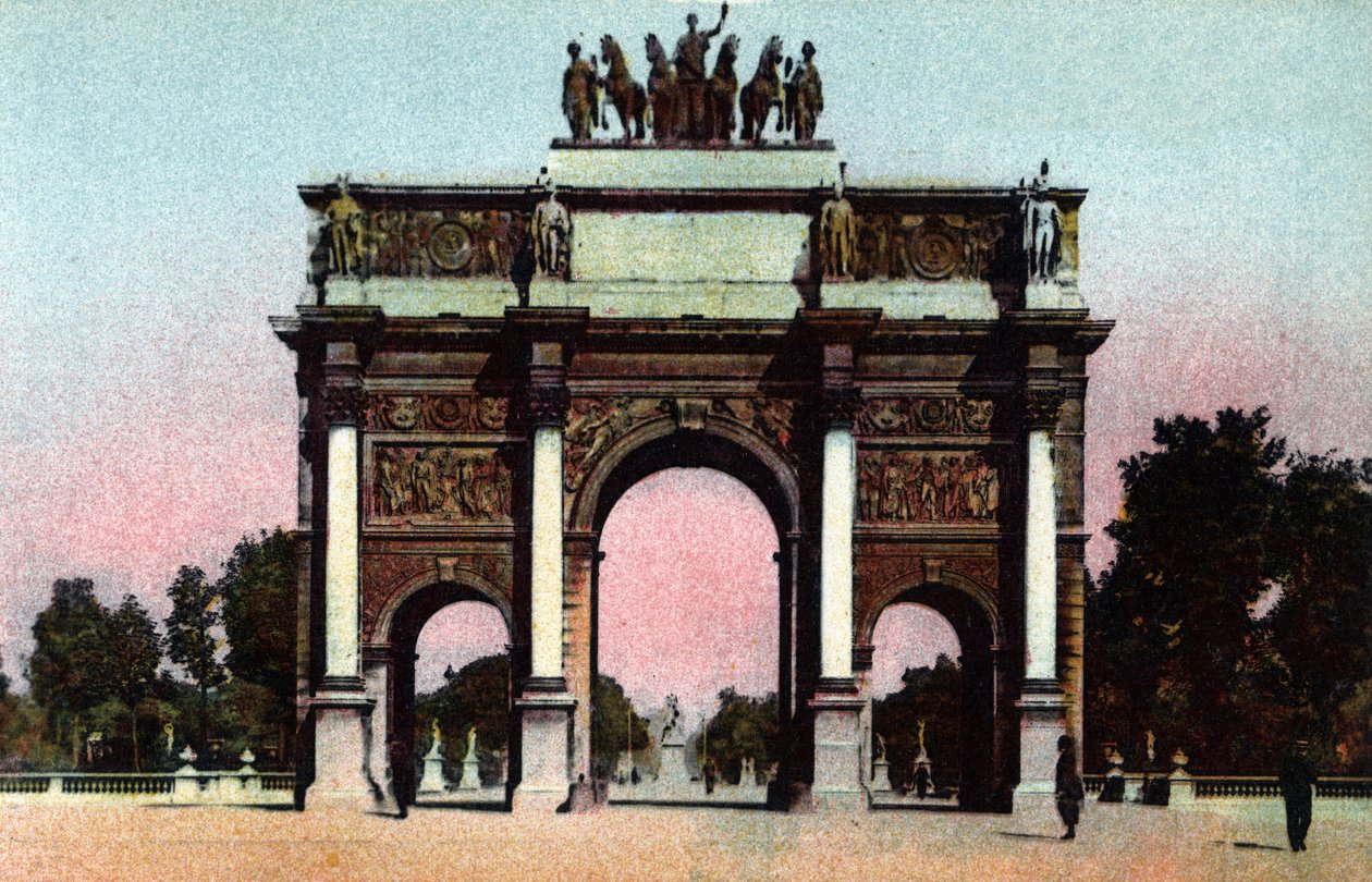 Paris: utsikt över Triumfbågen du Carrousel realiserad av Pierre Francois Leonard Fontaine (1762-1853) och Charles Percier (1764-1838) 1809. Fotografi från 1920 i "" Artistic Album"" av staden Paris. Privat samling. av Anonymous Anonymous