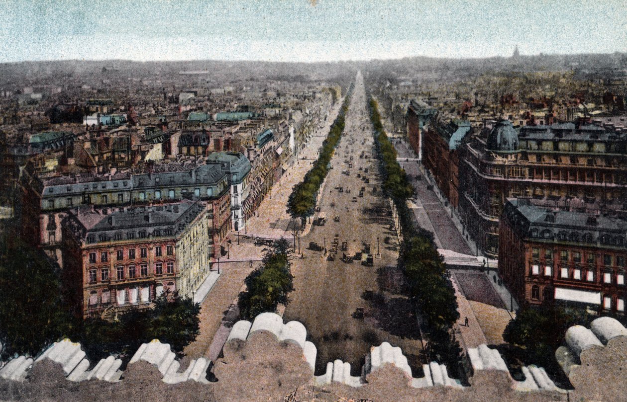 Paris: utsikt över Avenue des Champs Elysees (Champs-Elysees) tagen från Triumfbågen, Place de l