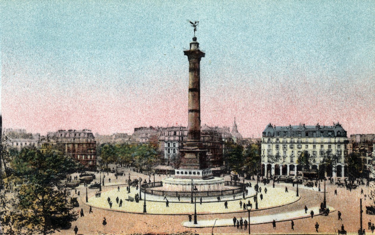 Paris: utsikt över julikolumnen på Place de la Bastille. Fotografi från 1920 i "" Artistic Album"" av staden Paris. Privat samling. av Anonymous Anonymous