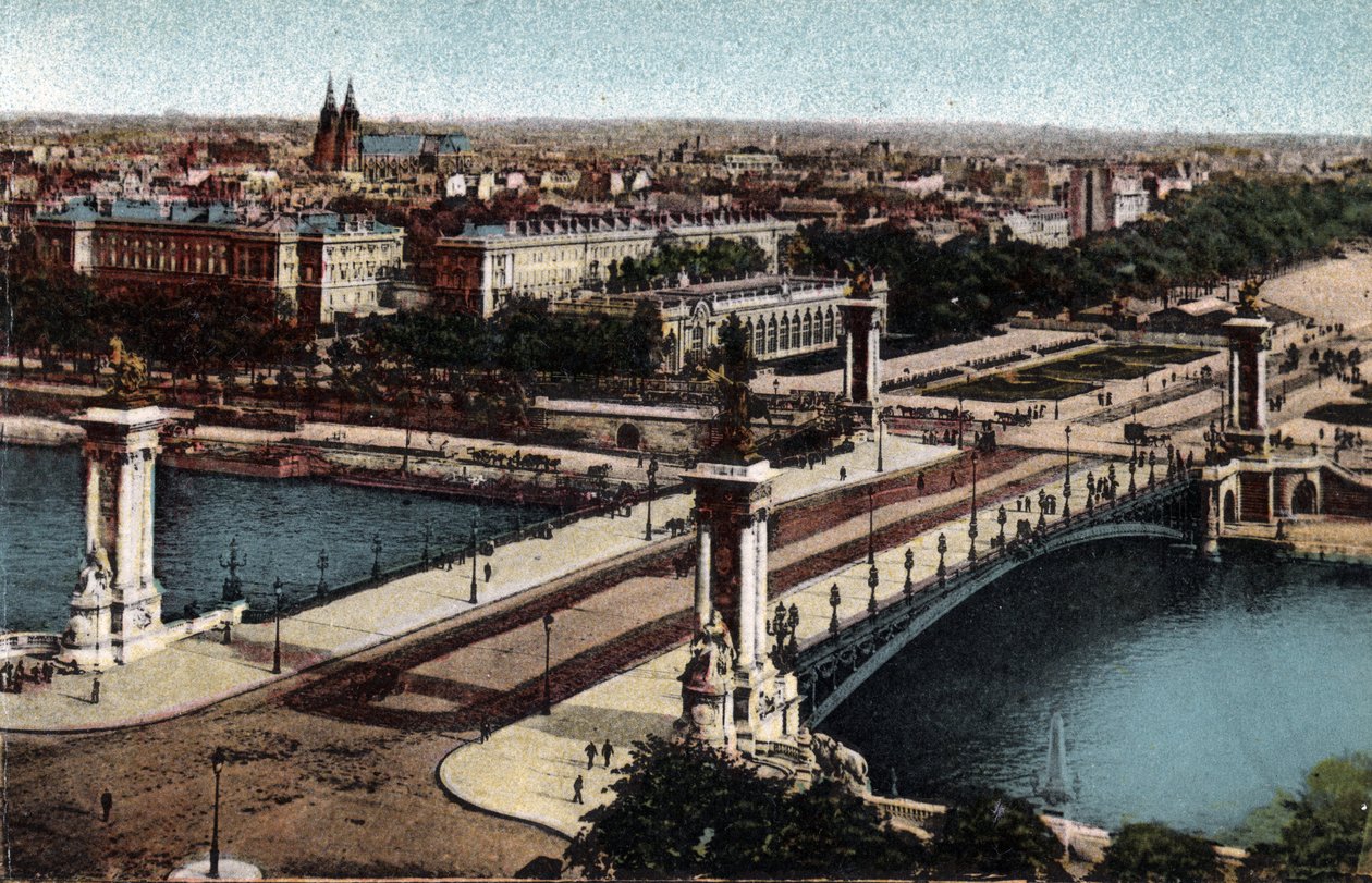 Paris: utsikt över bron Alexandre III på Seine. Fotografi från 1920 i "" Artistic Album"" av staden Paris. Privat samling. av Anonymous Anonymous
