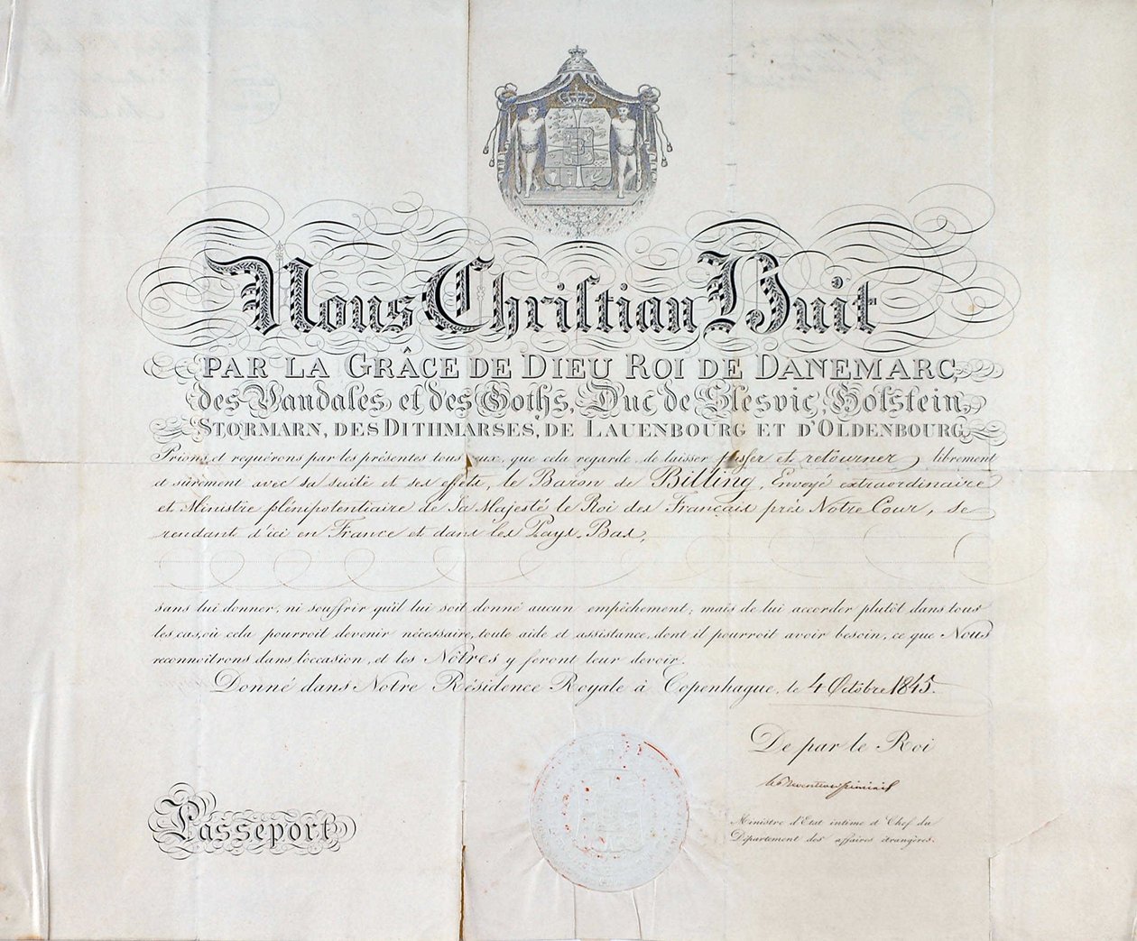 Pass från kungen av Danmark Christian VIII är från 1845. av Anonymous Anonymous