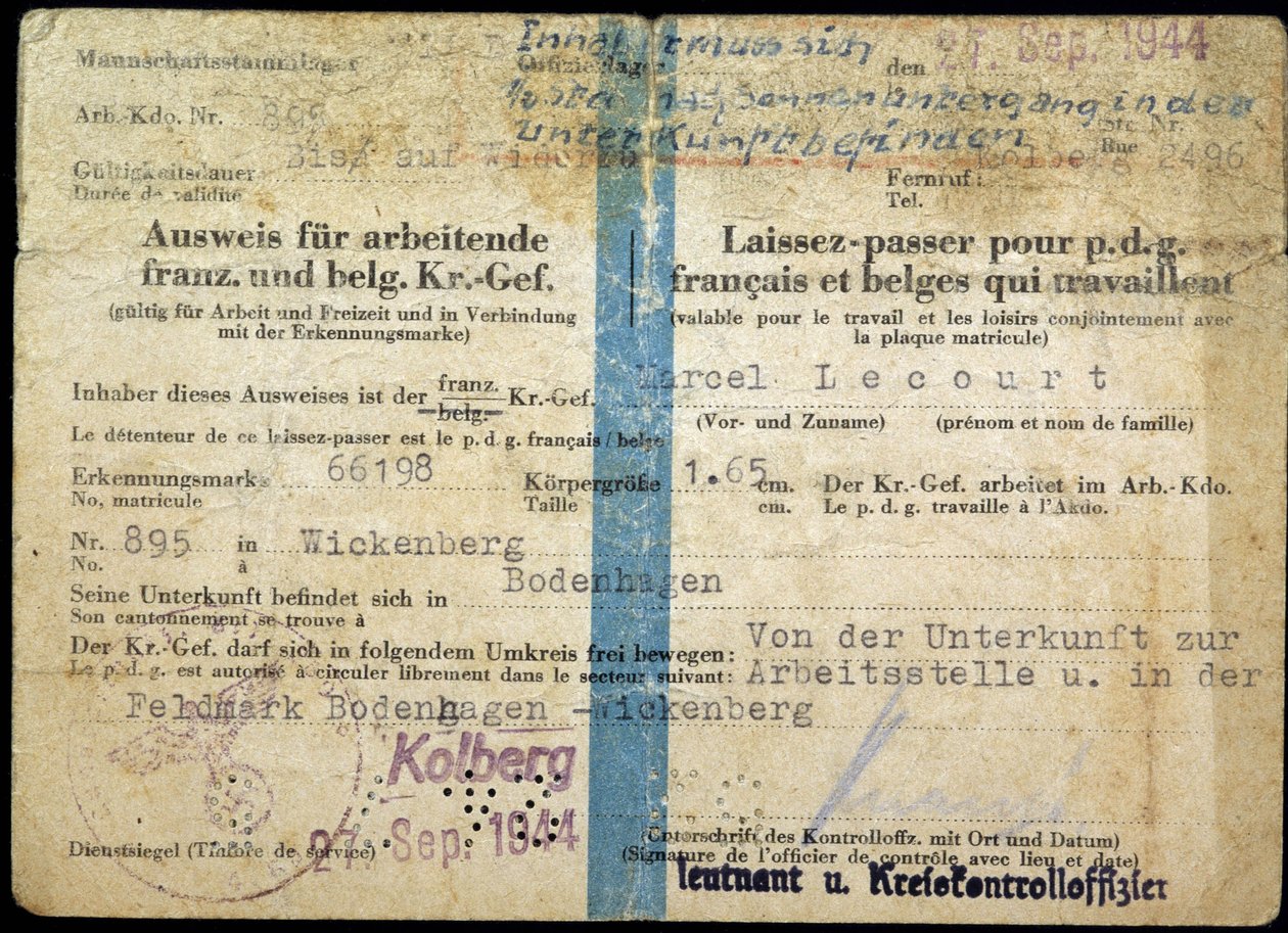Andra världskrigets pass, "Pass" för fransk och belgisk VD som arbetar, 1944-09-25. av Anonymous Anonymous