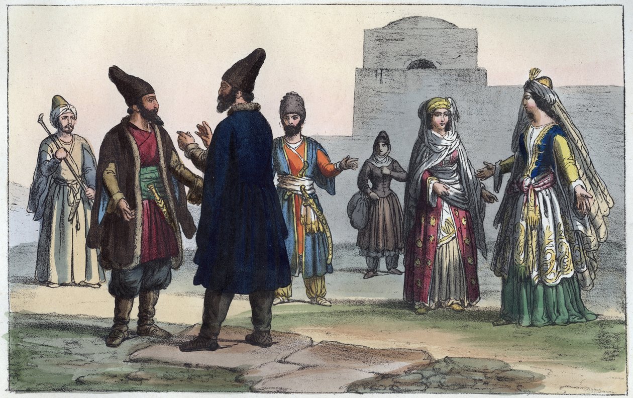 Persiska kläder på 1800-talet - gravyr från "" Användningar och seder för alla folk i universum. Det vill säga historien om regeringen, om lagarna, om milisen, om religionen för alla nationer från de mest avlägsna tiderna till våra dagar "1856 av Anonymous Anonymous