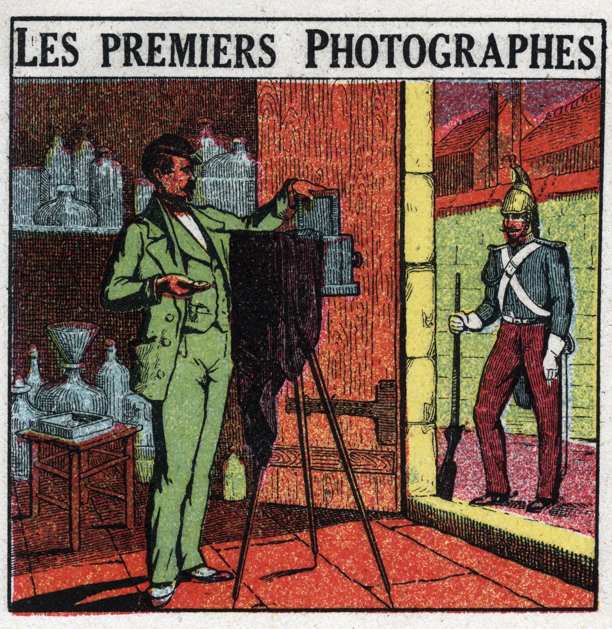 Fotografering: De första fotograferna på 1800-talet. Fotograf som porträtterar en soldat i sin studio. Anonym illustration från 1925. Privat samling. av Anonymous Anonymous