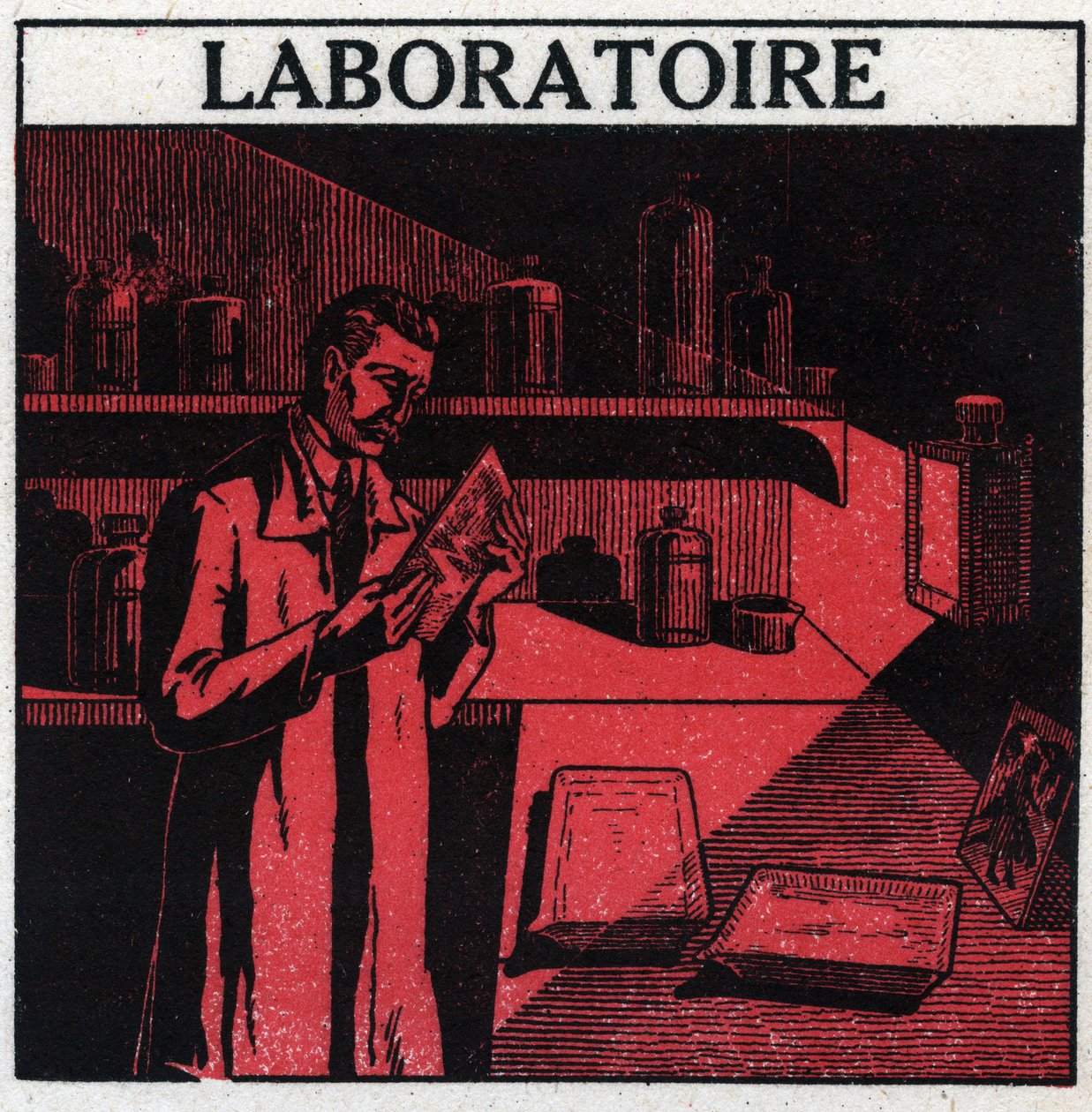 Fotografering: en fotograf i sitt laboratorium för att framkalla bilder. Anonym illustration från 1925. Privat samling. av Anonymous Anonymous