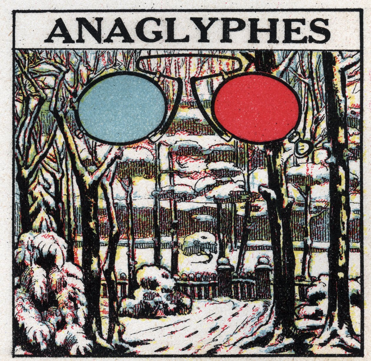 Fotografi: en anaglyf är en bild som skrivs ut för att ses i relief med tvåfärgade glasögon. Anonym illustration från 1925. Privat samling. av Anonymous Anonymous