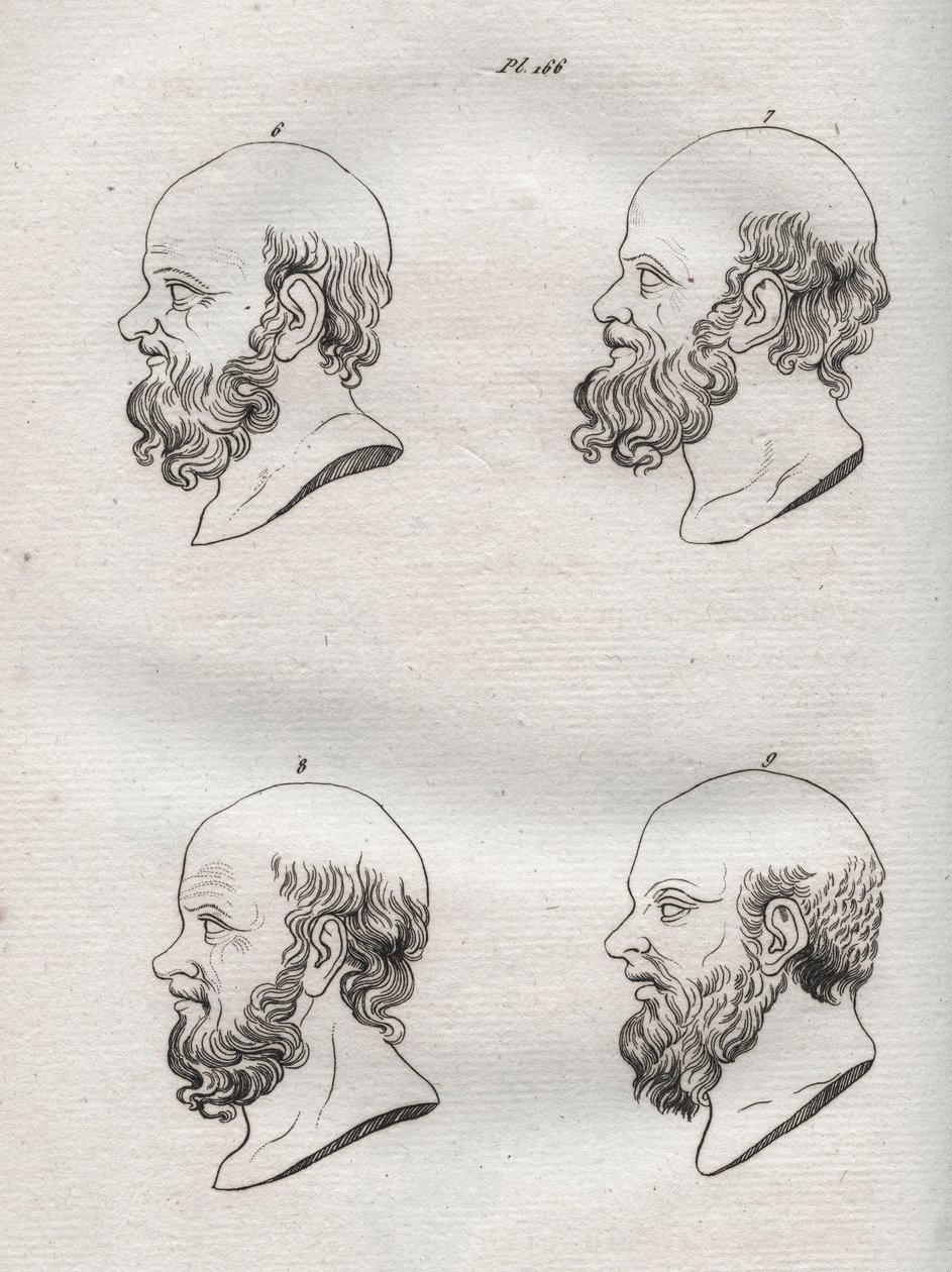 Physiognomy - Physiognomony - Flera huvuden för den grekiske filosofen Sokrates (ca 469 f.Kr.-399 f.Kr.) (Byst av Sokrates (ca 469 f.Kr.-399 f.Kr.), atensk filosof) gravyr från 1808 i "Konsten att känna människor genom fysiognomi" Johann Gaspar (Gaspard) L av Anonymous Anonymous