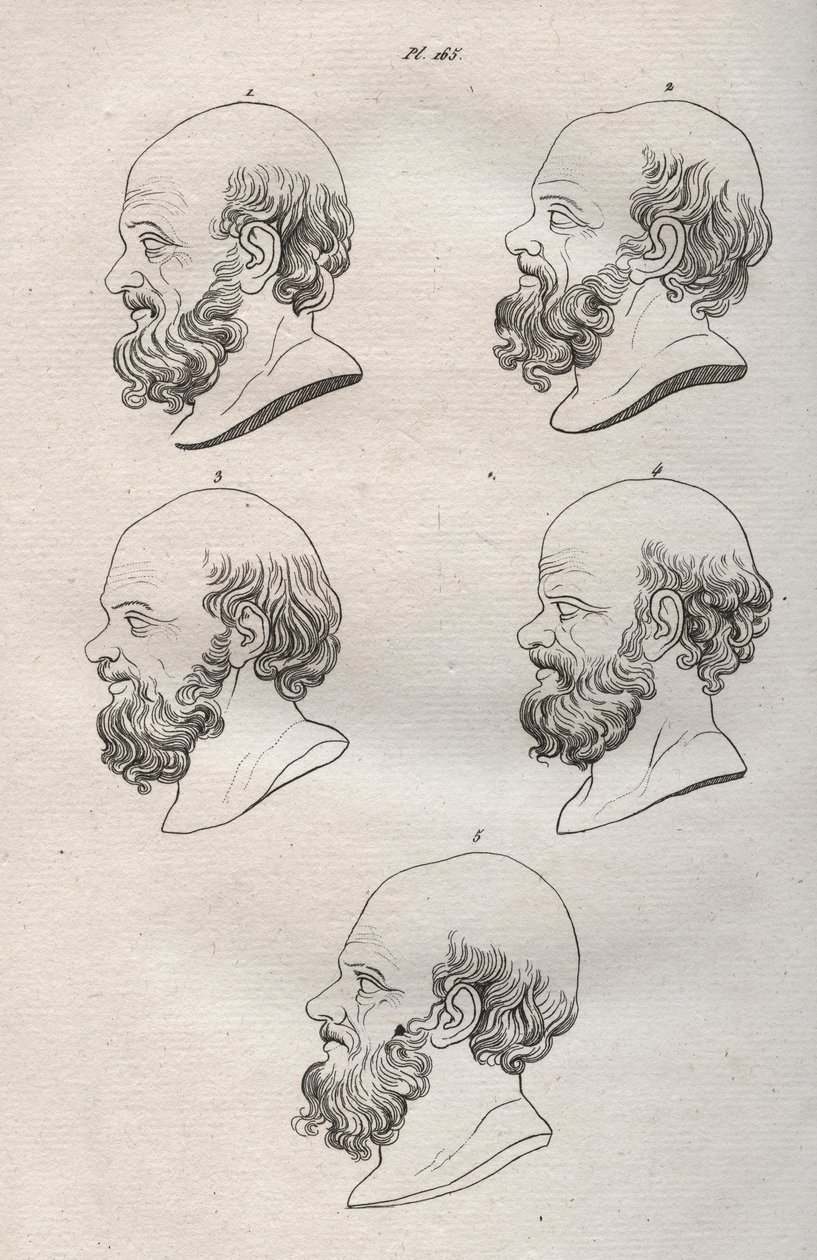 Physiognomy - Physiognomony - Flera chefer för den grekiske filosofen Sokrates (ca 469 f.Kr.-399 f.Kr.) (Byst av Sokrates (ca 469 f.Kr.-399 f.Kr.), atensk filosof) gravyr från 1808 i "Konsten att känna människor genom fysiognomi" Johann Gaspar (Gaspard) La av Anonymous Anonymous