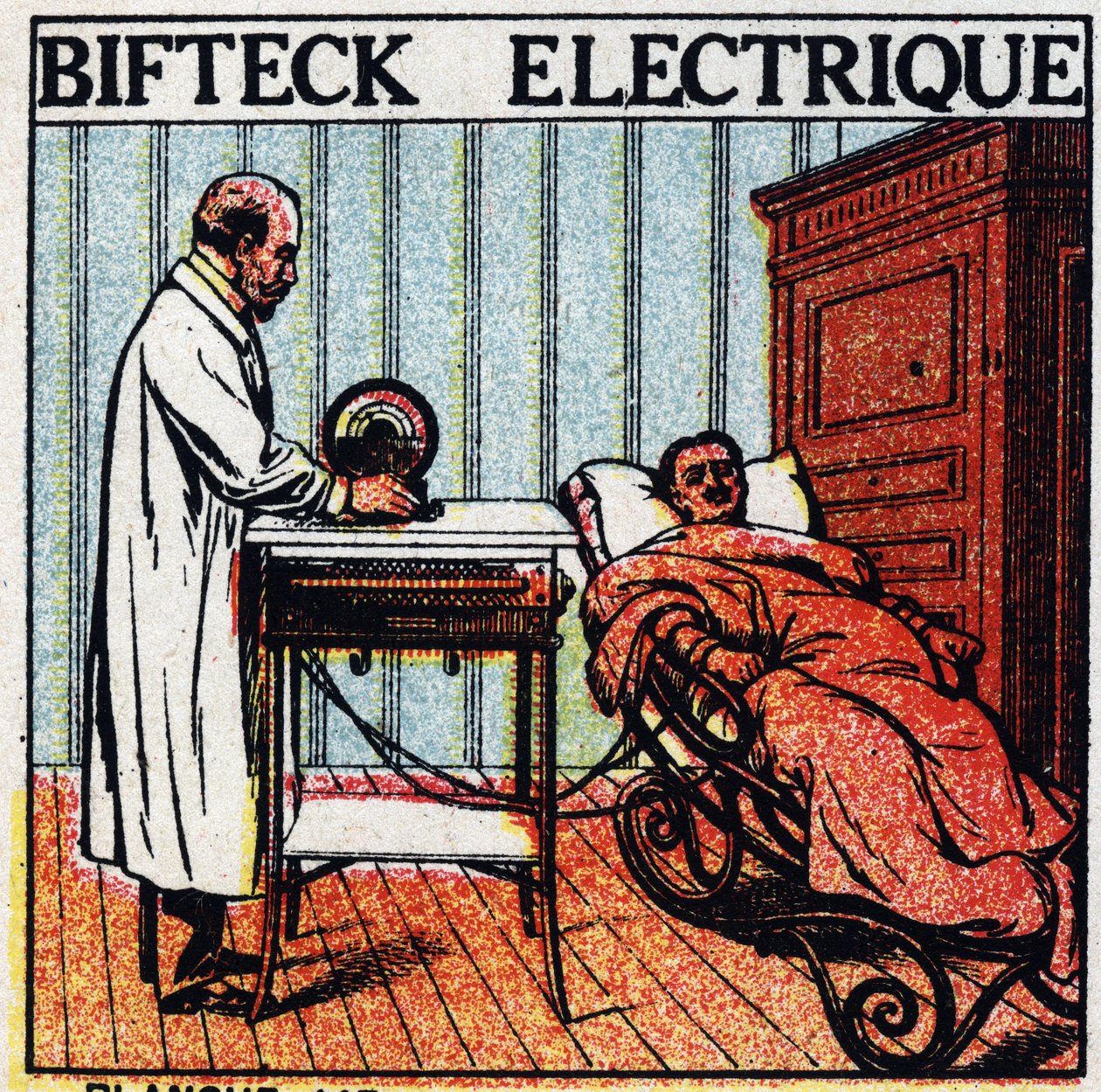 Fysiologiska effekter av electricite: elektrisk biff. Vård av en patient genom att föra elektricitet genom hans kropp med hjälp av kala metallelektroder. Anonym illustration från 1925. Privat samling. av Anonymous Anonymous
