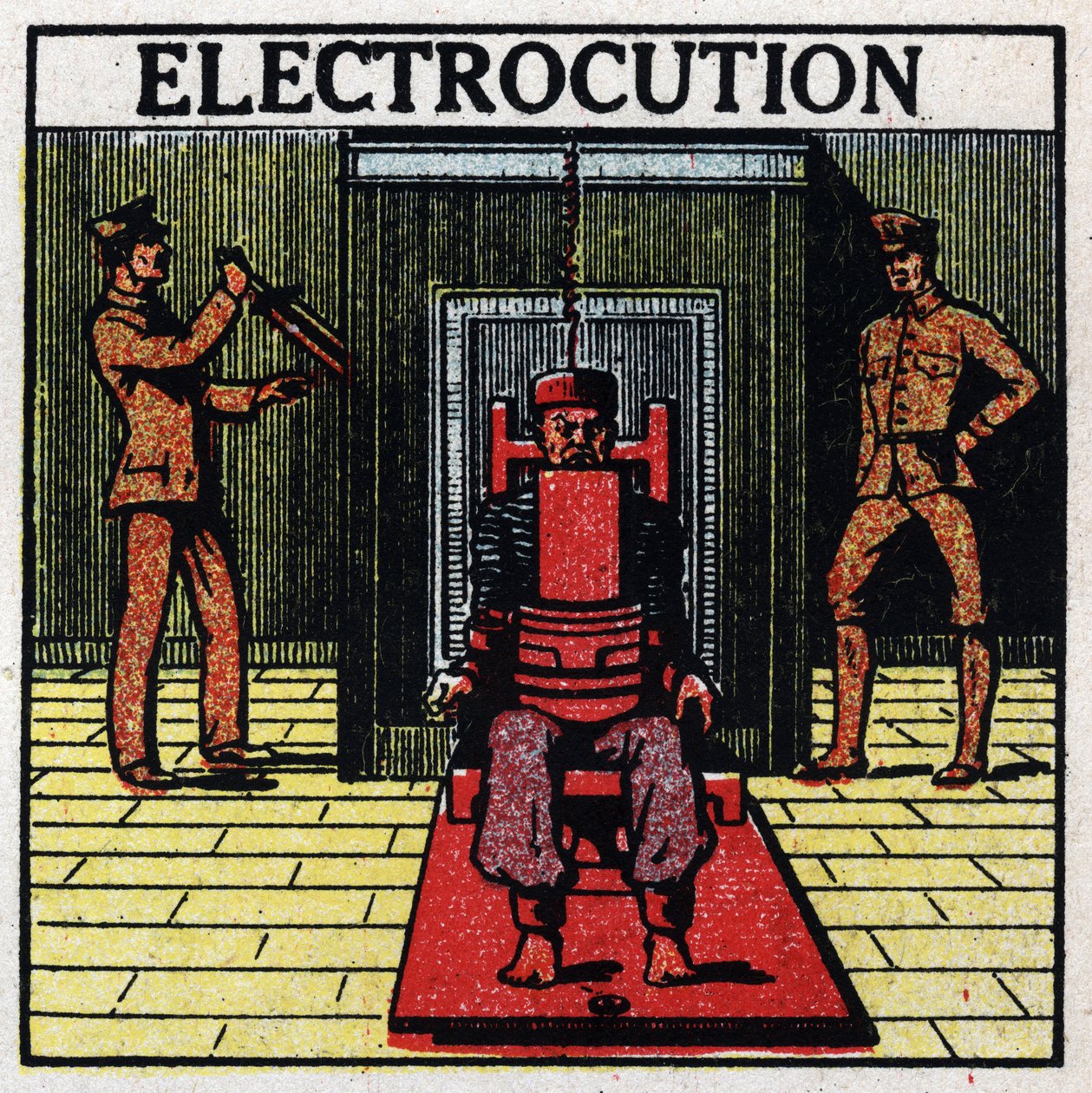 Fysiologiska effekter av elektricitet: elstötning av en dödsdom med hjälp av en elektrisk stol i en penitencier i USA. Anonym illustration från 1925. Privat samling. av Anonymous Anonymous