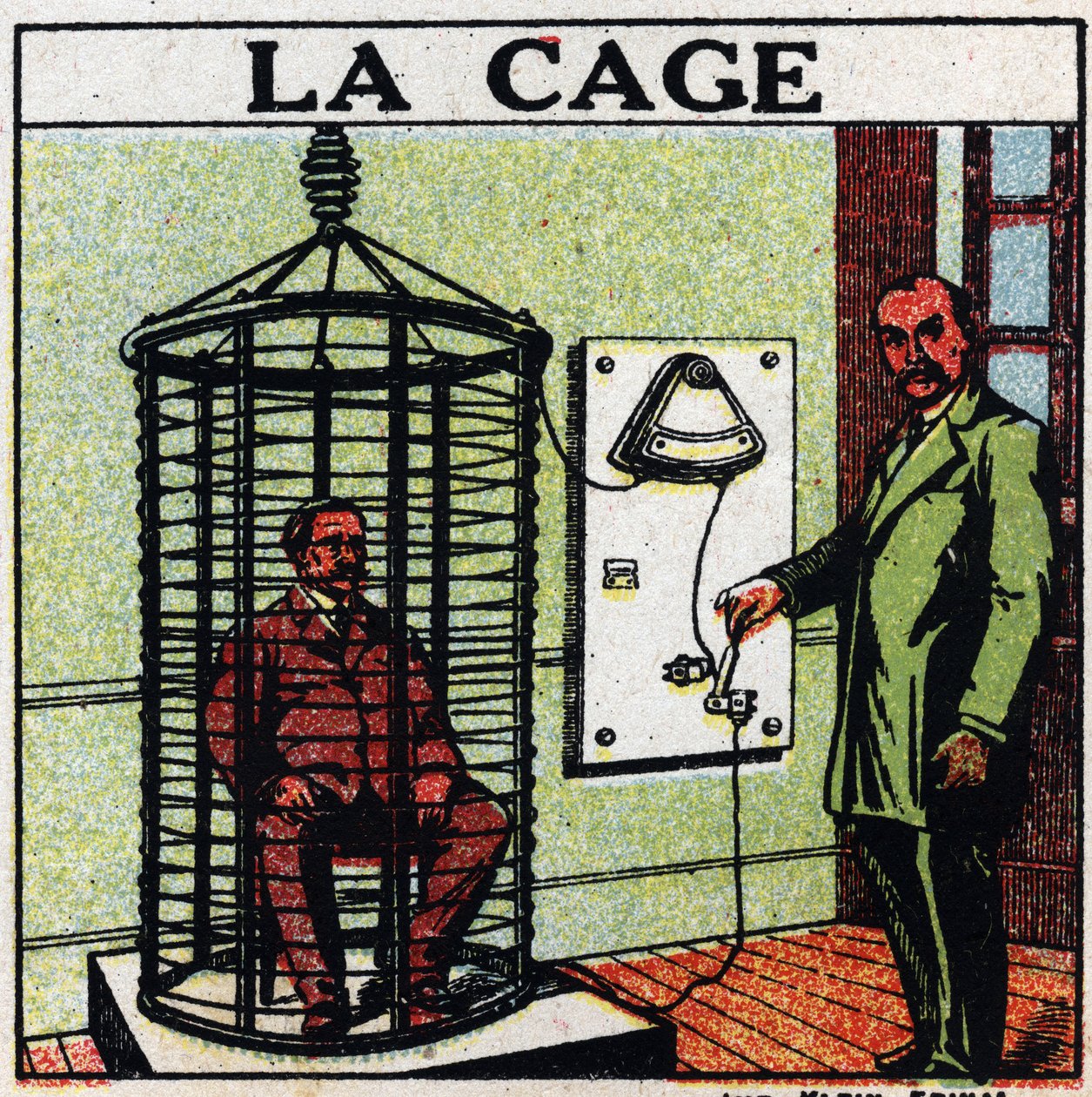 Fysiologiska effekter av elektrit: buren. Vård av en patient genom att föra elektricitet runt honom utan att röra honom, även kallad "självledningsmetoden". Anonym illustration från 1925. Privat samling. av Anonymous Anonymous