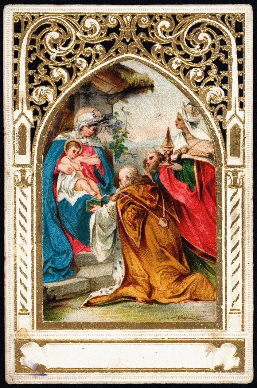 Fromma bild: "" Adoration of the Magi"" Dentelee-kort. Kromolitografi från början av 1900-talets privatsamling av Anonymous Anonymous