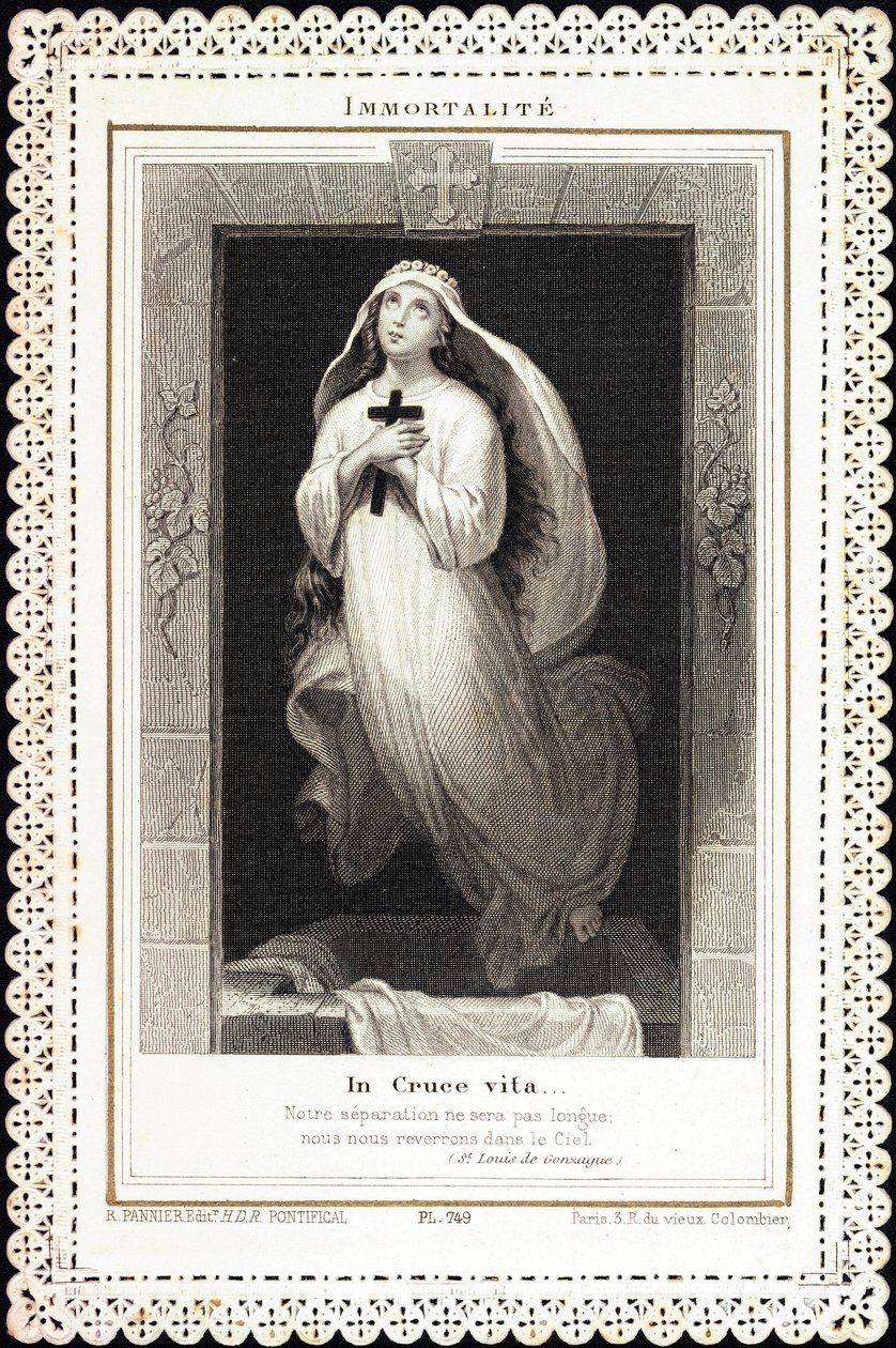 Fromma bild: "" Immortalite, In cruce vita"" Card of deces dentelee. 1800-talets privatsamling av Anonymous Anonymous