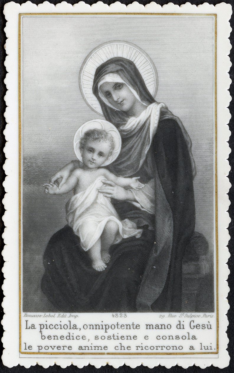 Fromma bild: Jesus som ett barn i famnen på sin mor Maria (gravyr) av Anonymous Anonymous