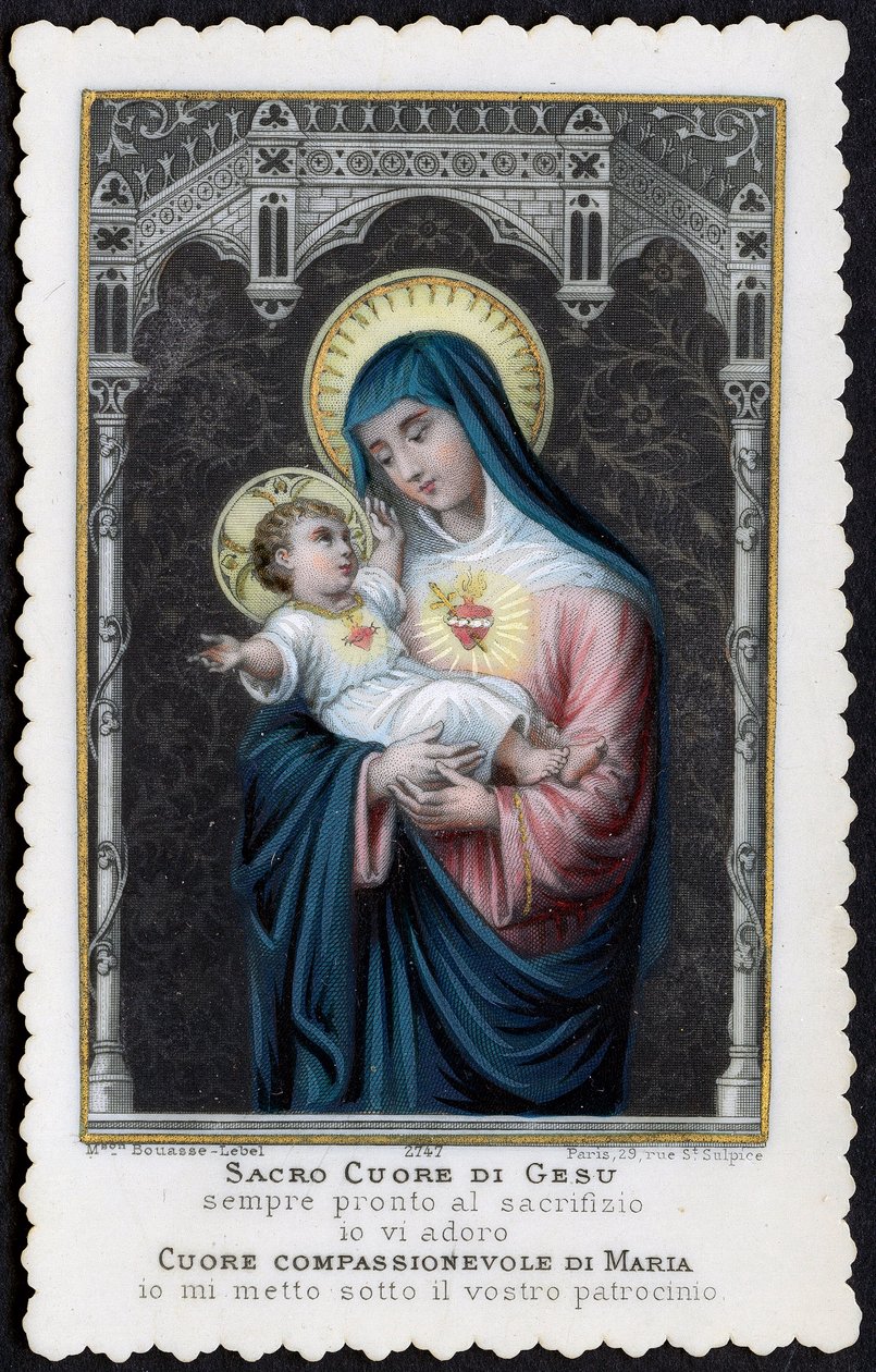 Fromme billede: Jesus som et barn i armene på sin mor Maria, med det hellige hjerte (gravering) av Anonymous Anonymous