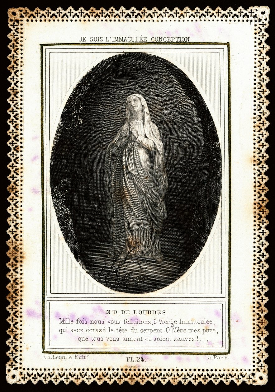 Fromma bild: "" Notre Dame de Lourdes"" Dentelee-kort. 1800-talet. Privat samling av Anonymous Anonymous