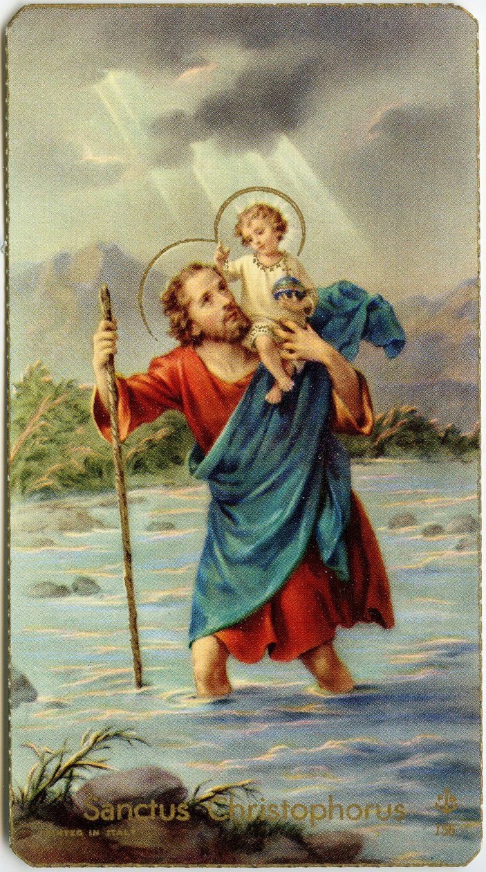 Fromma bild: St Christophorus korsar Jordan med den unge Jesus på ryggen (kromolitografi) av Anonymous Anonymous