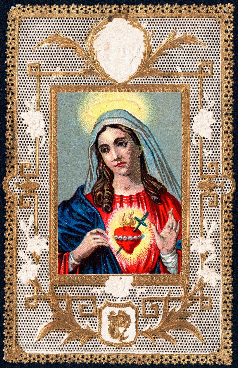 Fromma bild: "" Virgin of Pain""" Mater dolorosa. Dentelee kort. Kromolitografi från början av 1900-talets privatsamling av Anonymous Anonymous