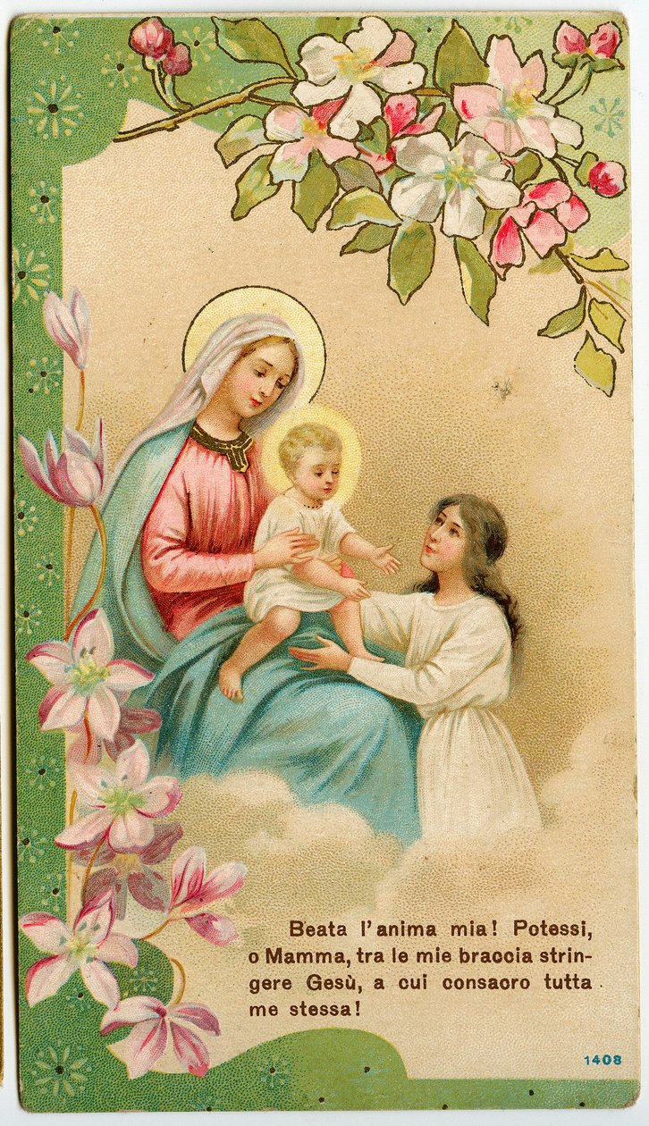 Fromma bild: Jungfru med barn, en from flicka tar Jesus i sin famn (kromolitografi) av Anonymous Anonymous