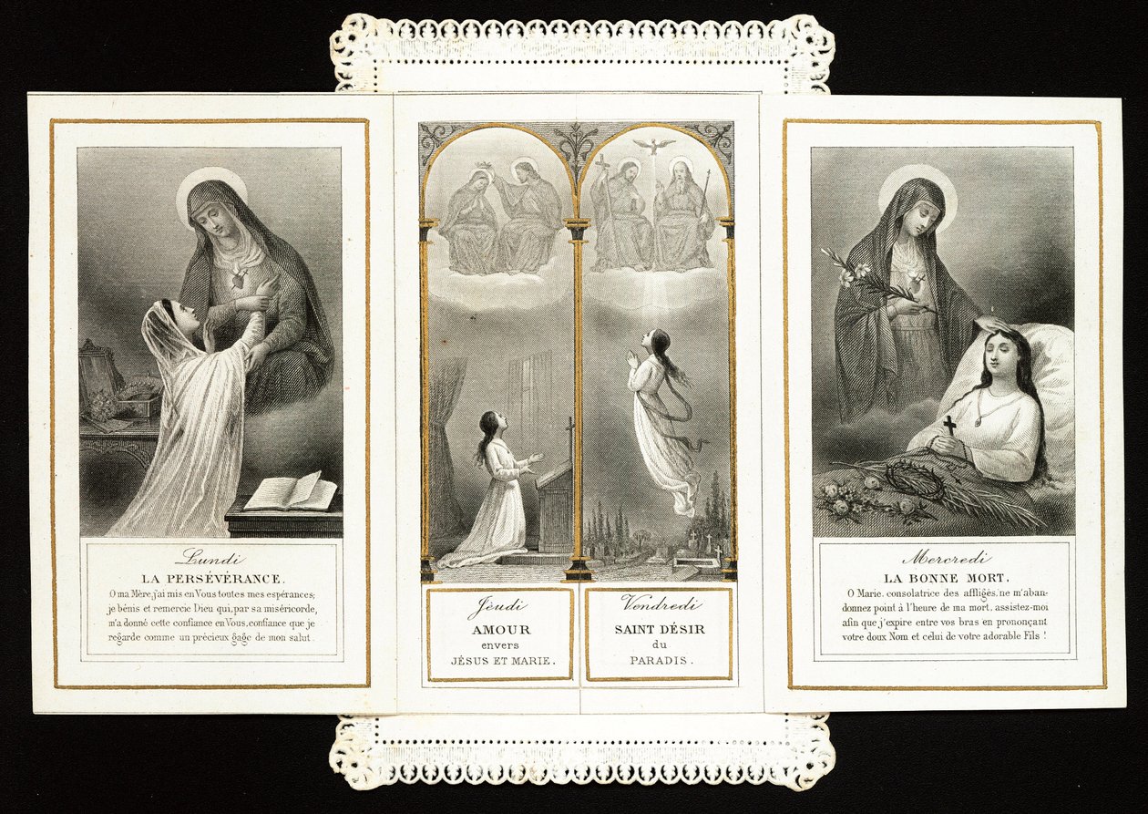 Fromma bild: "" uthållighet, kärlek till Jesus och Maria, paradisets heliga längtan, den goda döden"" Dentelee-kort i tryptik. 1800-talets privatsamling av Anonymous Anonymous