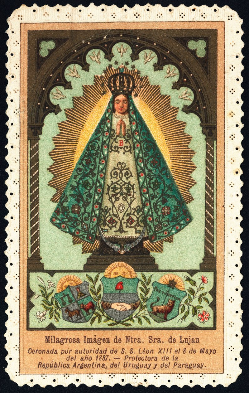 Fromma bild: "" representation av Nuetra Seniora (Vår Fru) av Lujan, beskyddare av Argentina, Paraguay och Uruguay"" Dentelee Card Private Collection av Anonymous Anonymous