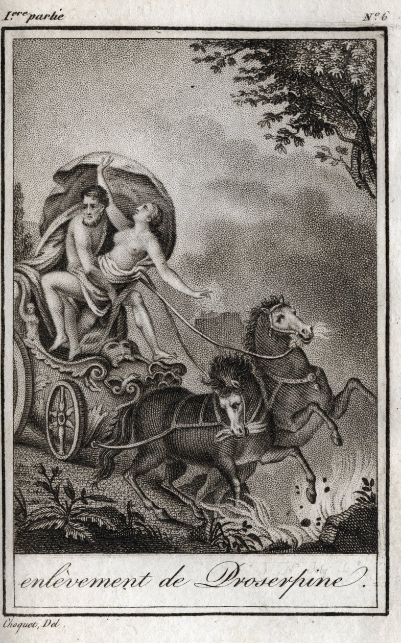 Pluto (Hades) tar Persephone (Proserpine) framför sin mamma, Ceres (Demeter), och tar honom till underjordens rike. Pluto bär bort Persefone till sitt rike, underjorden, i grekisk mytologi. Gravyr från 1819 i ”Lettres a Emilie s av Anonymous Anonymous