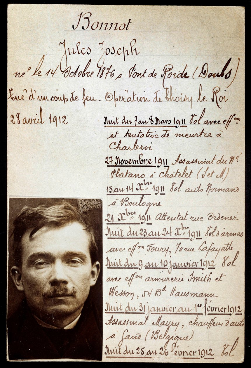 Polisblad av kriminella Jules Bonnot (1876-1912) (Bonnot band) med lista över brott av Anonymous Anonymous