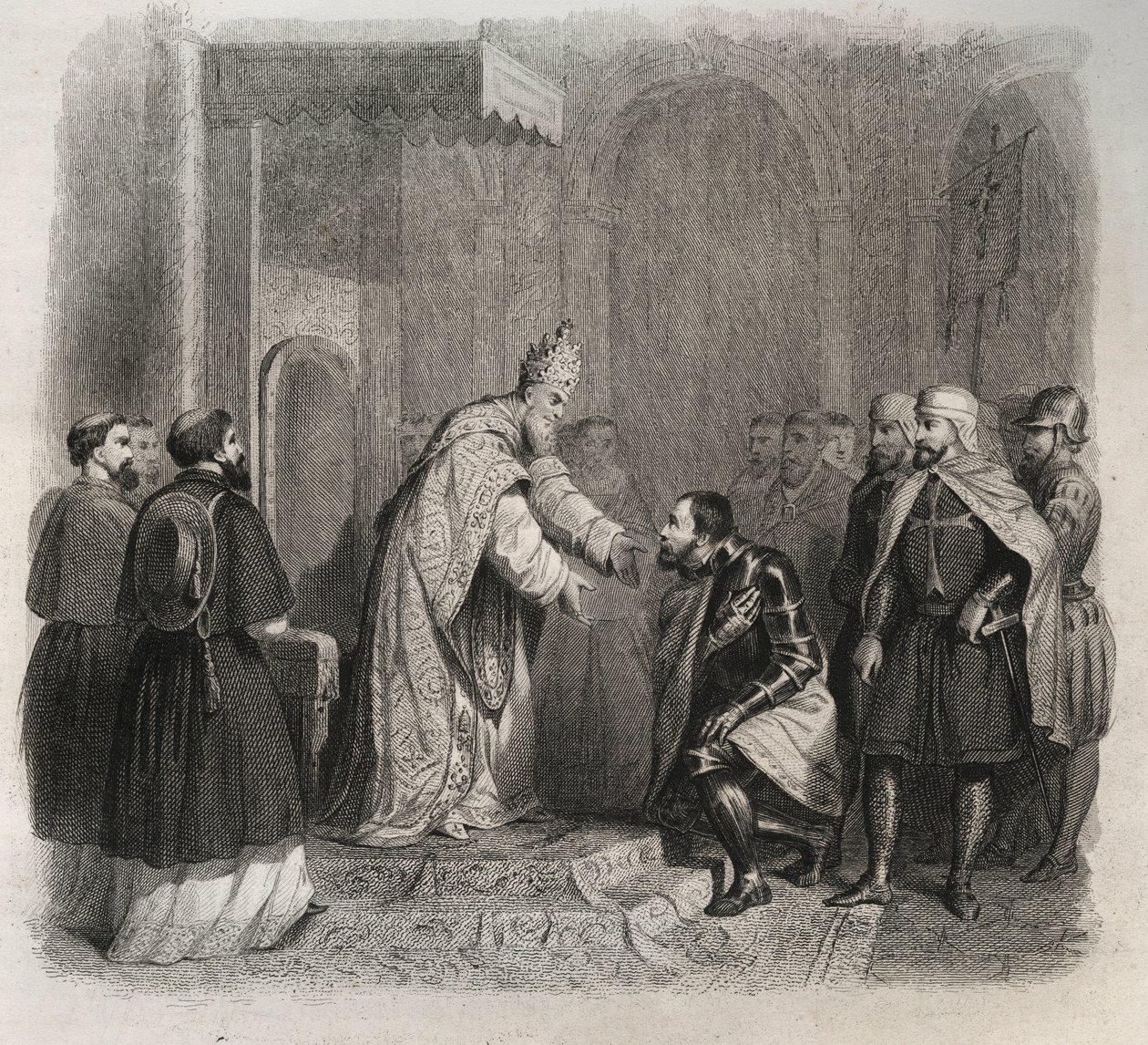 Påven St. Pius V (Pius eller Pio) (1566-1572) tar emot vinnaren av slaget vid Lepante. Gravyr från 1846 i "" Lives of the saints"". Privat samling. av Anonymous Anonymous