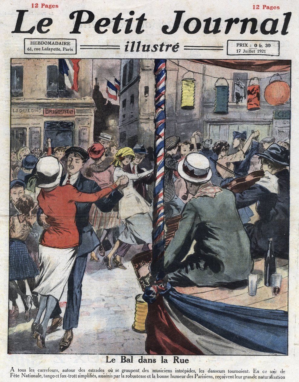 Populära baler på gatorna i Paris med anledning av den nationella festen den 14 juli. Illustration hämtad från "" Le petit journal illustrious"" av 1921-07-17. Privat samling av Anonymous Anonymous