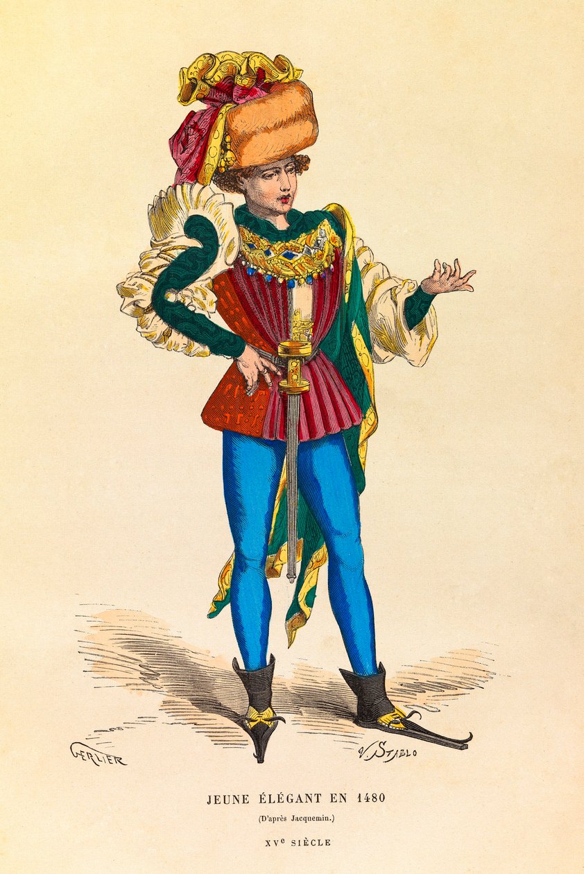 Porträtt och kostym av en ung elegant i Paris 1480, gravyr - privat samling av Anonymous Anonymous