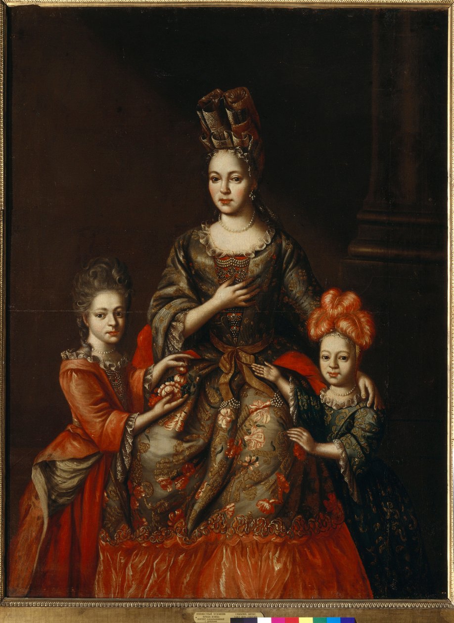 ""Porträtt av Anastasia Naryshkina, hustru till guvernören i Sankt Petersburg, och hennes döttrar Alexandra och Tatyana"" Anonym målning, tidigt 1700-tal Dim 180x130,8 cm Tretyakov-galleriet, Moskva av Anonymous Anonymous