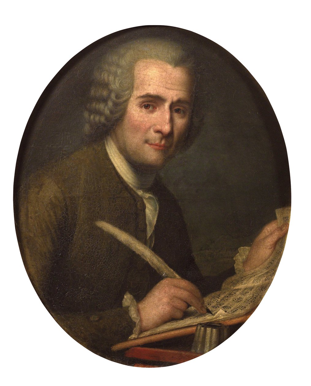 ""Porträtt av Jean Jacques Rousseau som skriver ett musikaliskt partitur"" (Jean-Jacques Rousseau (1712-1778) skriver ett notblad) Anonym målning Olja på duk Dim 65x54 cm Privat samling av Anonymous Anonymous