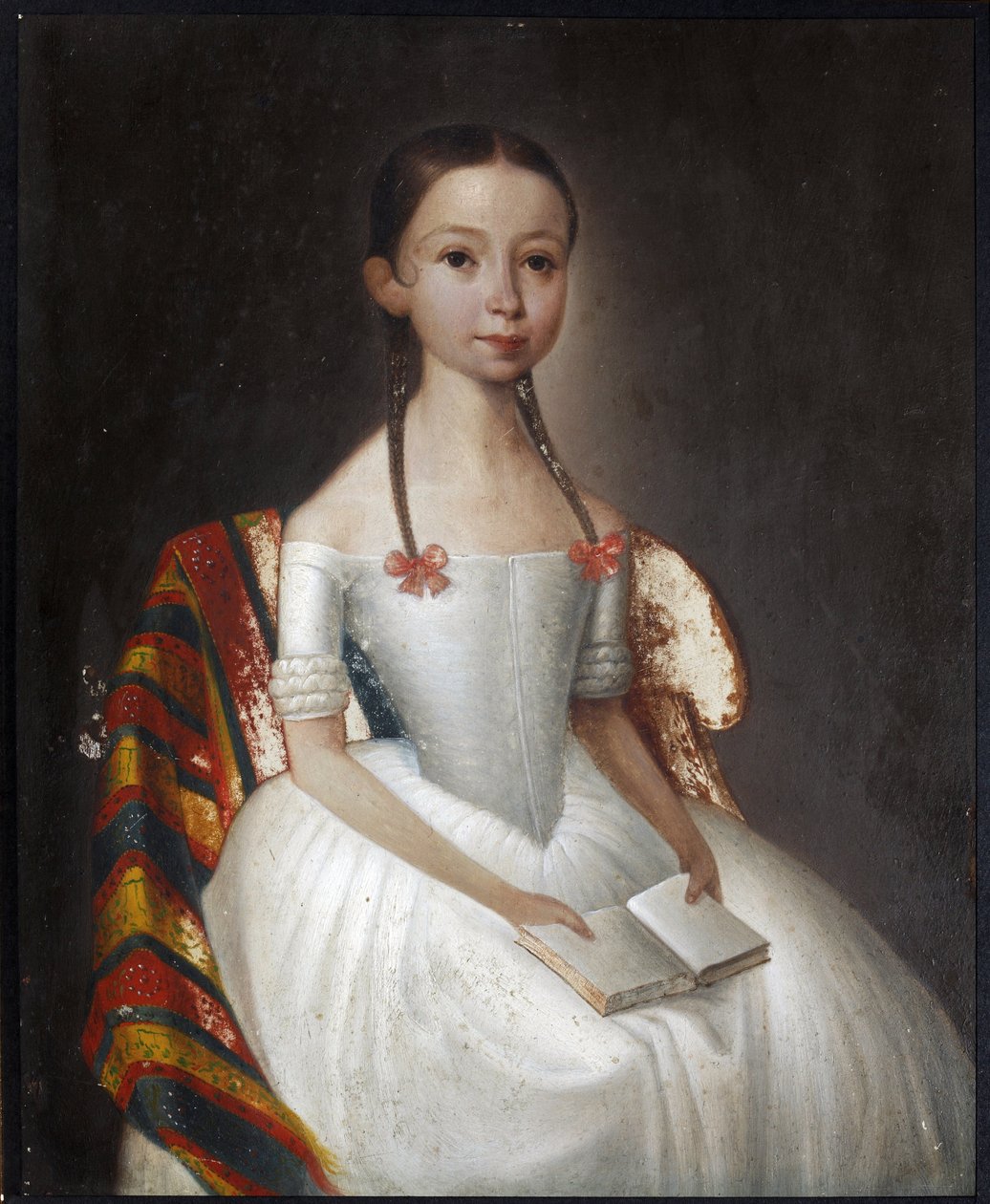 ""Porträtt av en flicka som håller en bok"" (Porträtt av en flicka med en bok) Anonym målning ca 1830 Privat samling av Anonymous Anonymous