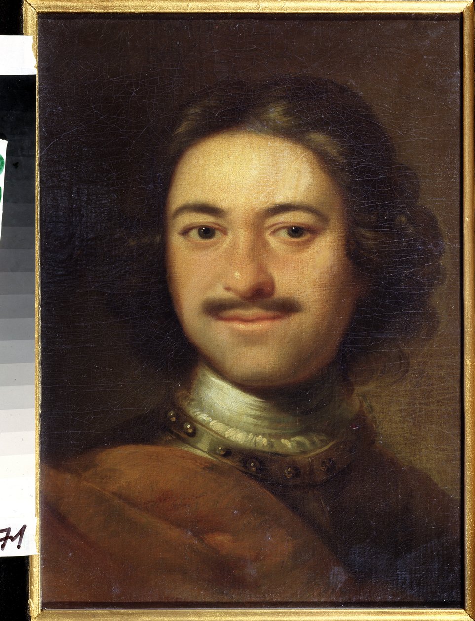 Porträtt av kejsaren Peter I den store (1672-1725) (Porträtt av kejsaren Peter I den store). Anonym målning. Olja på duk, 48,5 x 37 cm, tidigt 1700-tal. Klassicism. State Central Navy Museum, Sankt Petersburg. av Anonymous Anonymous